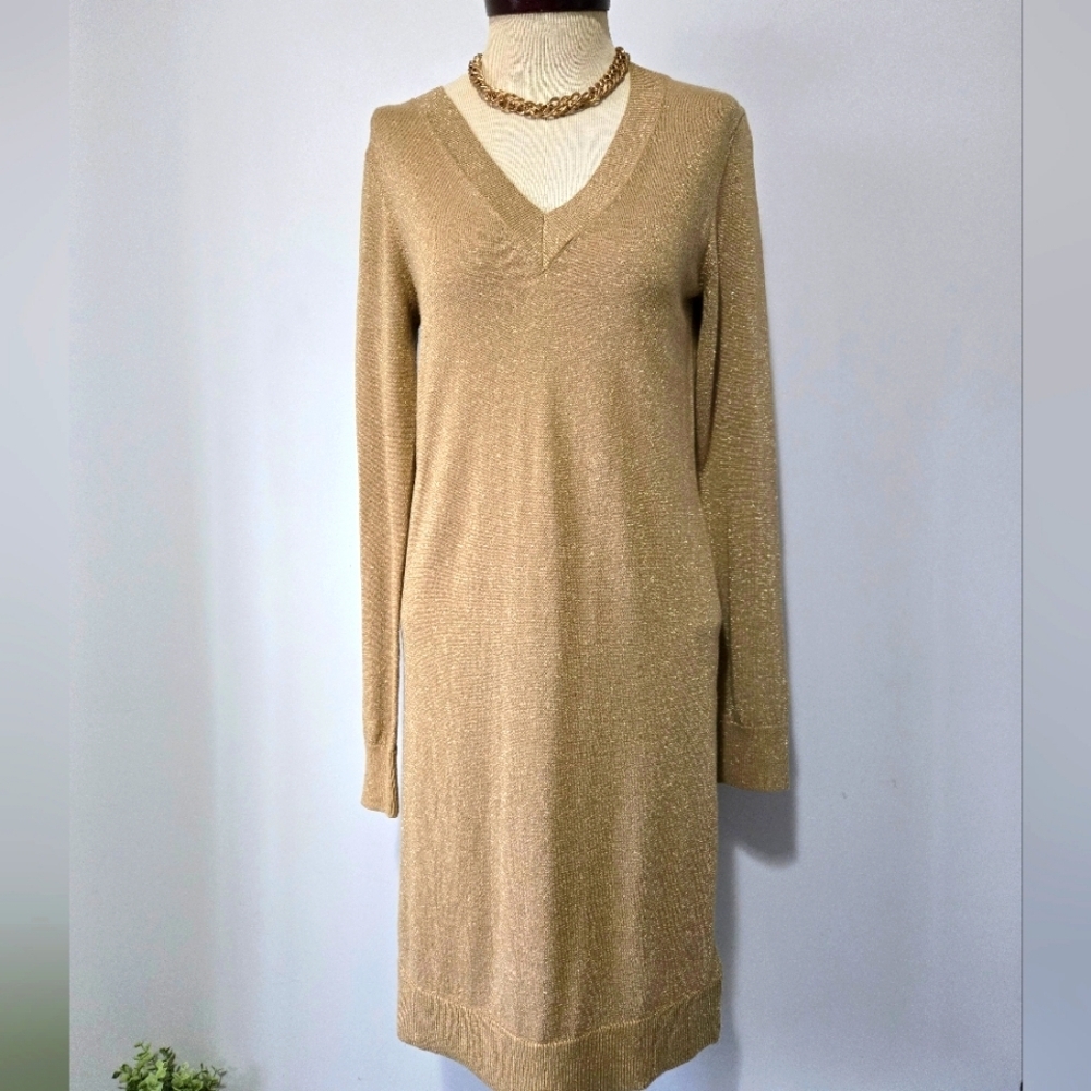 Michael Kors Lightweight Metallic Gold Knit V Neck Midi Dress. Size Small